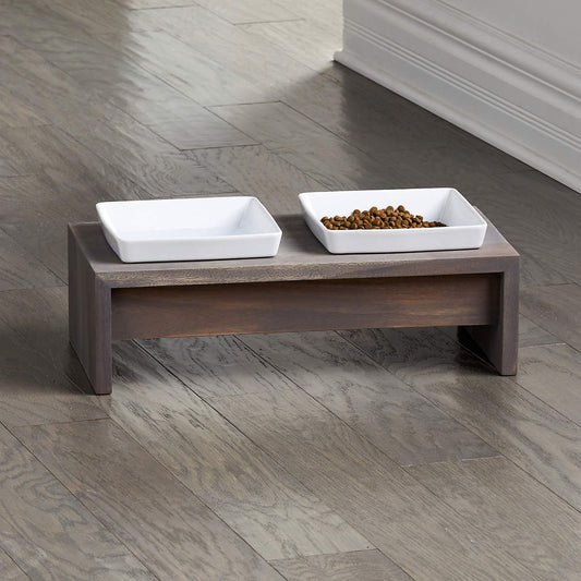Crate & Barrel Fossil Medium Double Bowl Dog Feeder