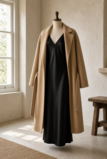 Black satin dress displayed on a mannequin, set in a softly lit room, styled with camel long coat not included.