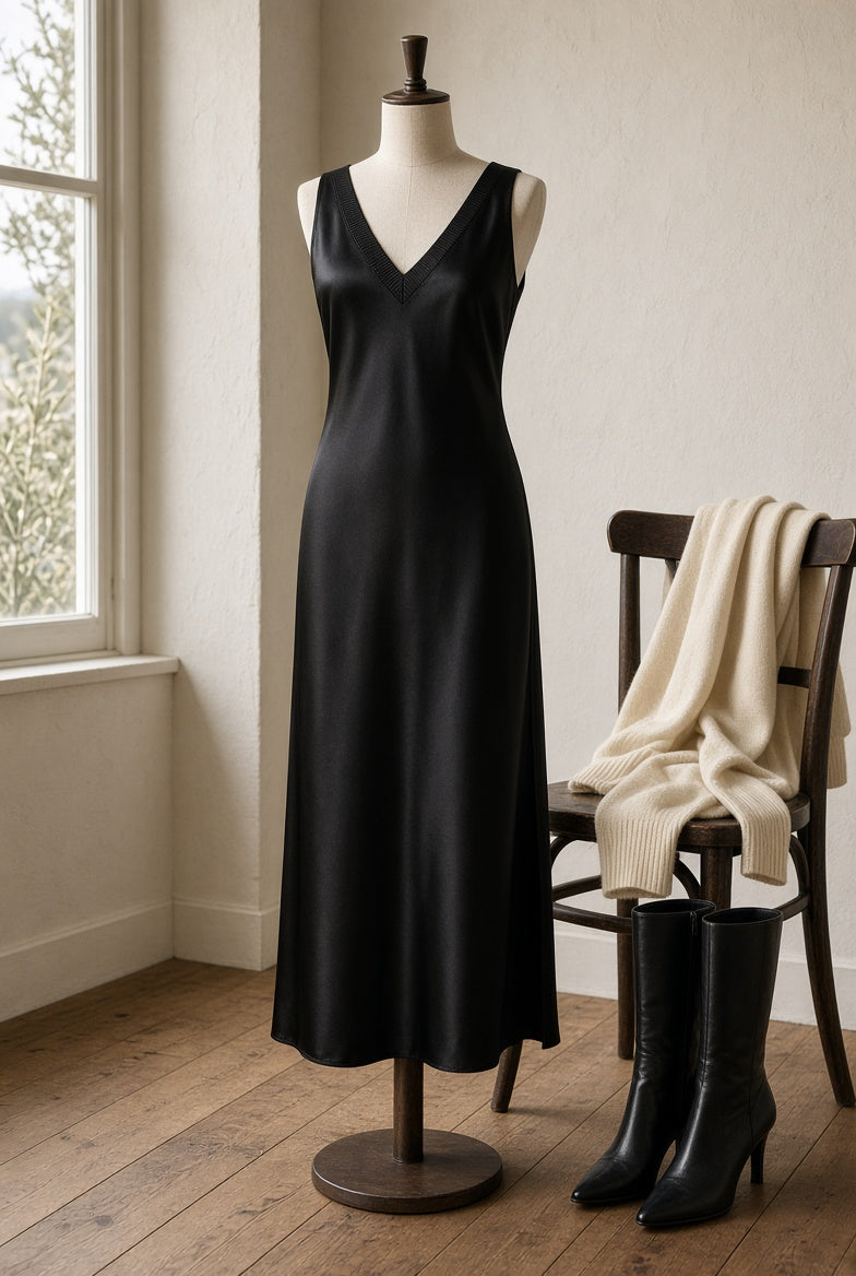 Black-bias-cut-satin-dress-front-view shown alongside black boots and cream cashmere sweater, for styling inspo.