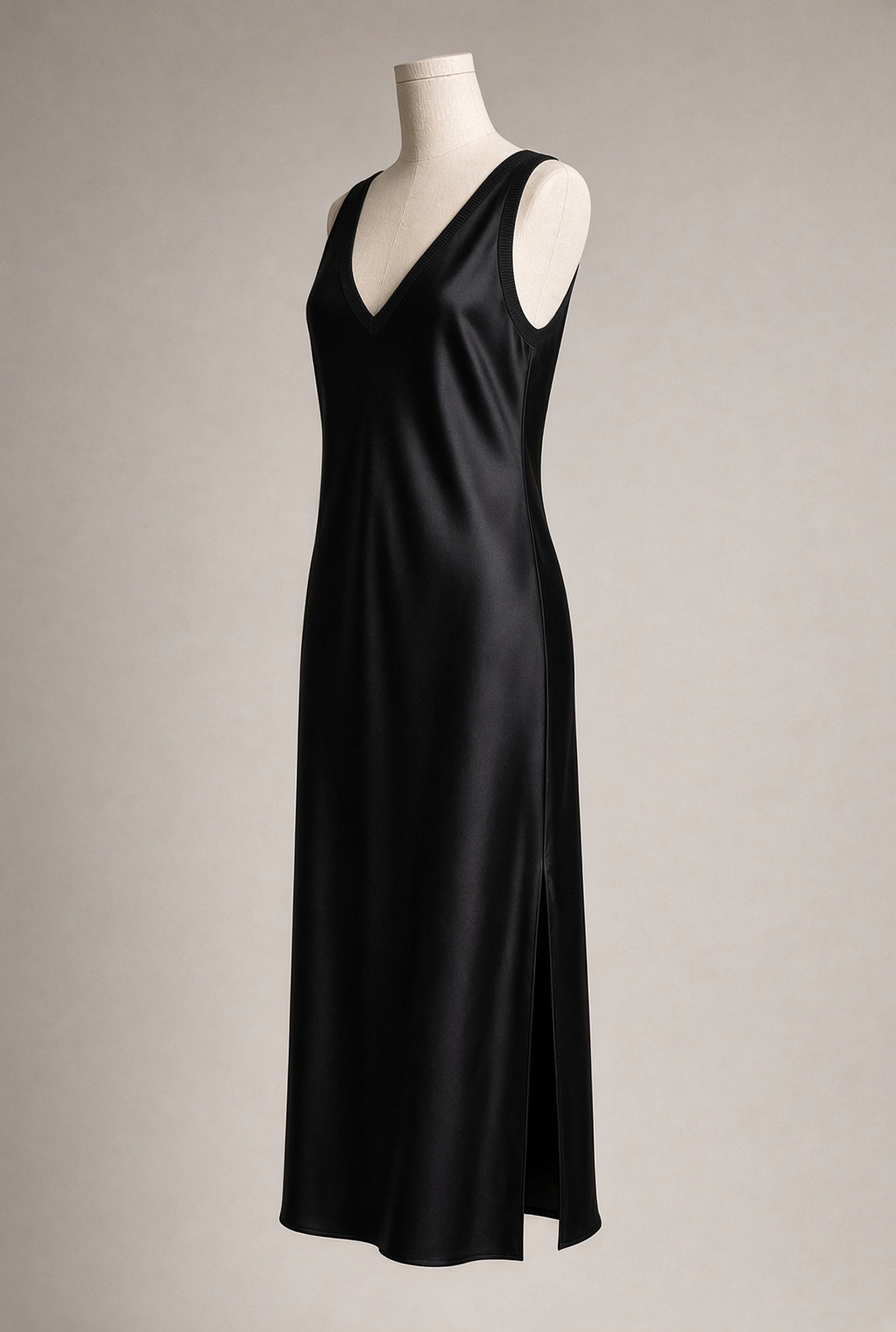 Black-bias-cut-satin-dress-side view