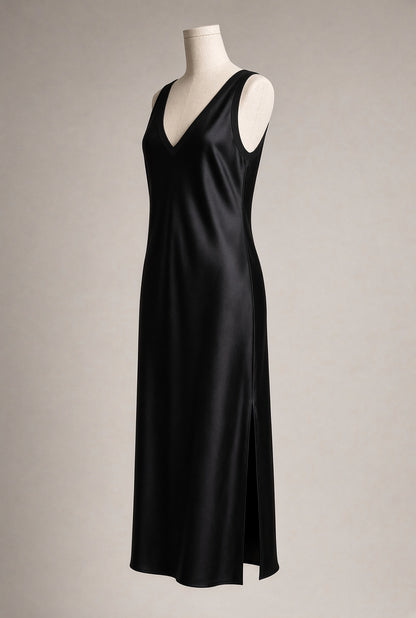 Black-bias-cut-satin-dress-side view