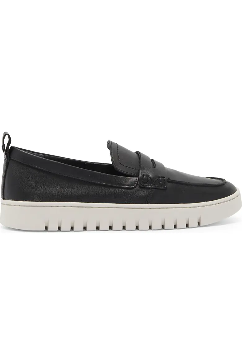 Black leather penny loafer, side profile with white lug sole