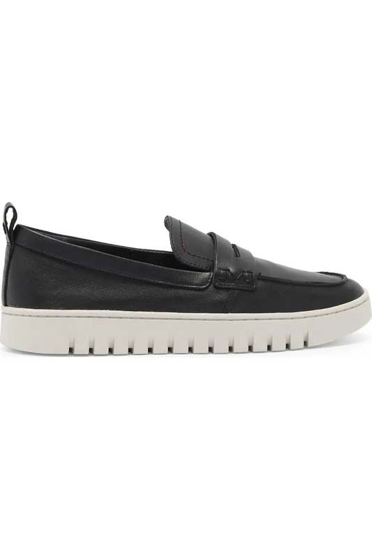 Black leather penny loafer, side profile with white lug sole