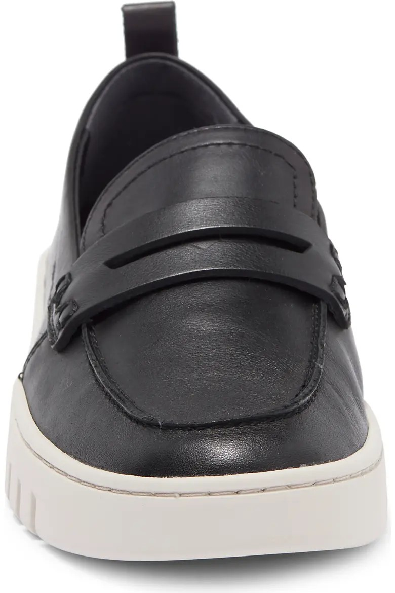 Black leather penny loafer front view of penny strap