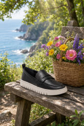 Black leather penny loafer lifestyle pic on bench with basket of flowers