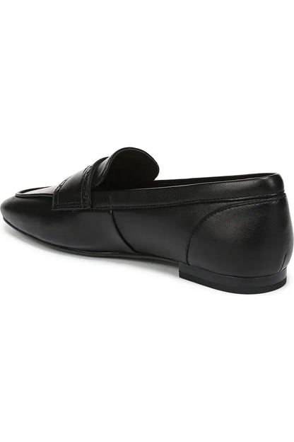 Black leather penny loafer three-quarter view shown form back angle