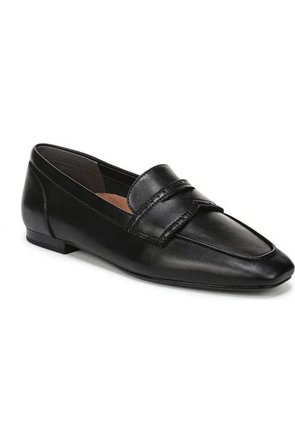 Black leather penny loafer view shown from back angle side view