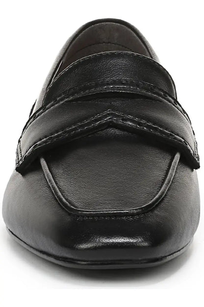 Black leather slip on penny loafer front toe closeup view 