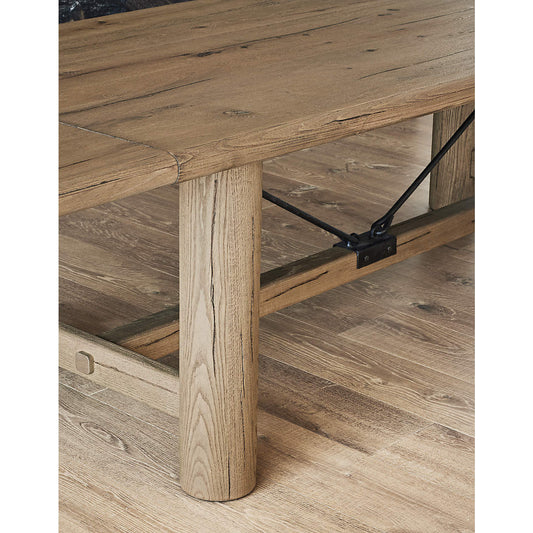 Dining table surface detail — wire-brushed oak grain with bullnose edge, close-up view