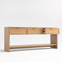 Three drawer Wooden console table showing one drawer open , on a white background
