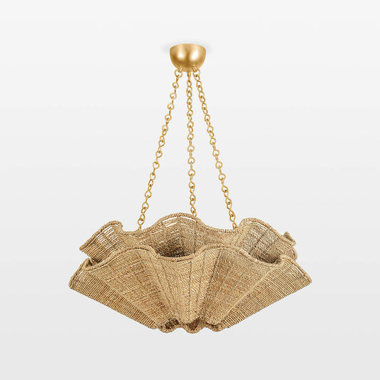 Coastal fiber pendant chandelier — abaca shade, vintage gold leaf fixture, front view