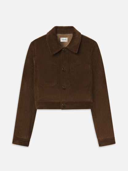 cropped hazelnut corduroy jacket — hazelnut wide-wale corduroy jacket with patch pockets and tortoiseshell snaps, front view