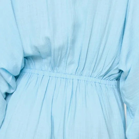 light blue mini coverup dress rear view focus shot on a white background