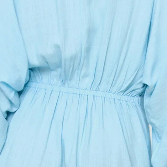 light blue mini coverup dress rear view focus shot on a white background