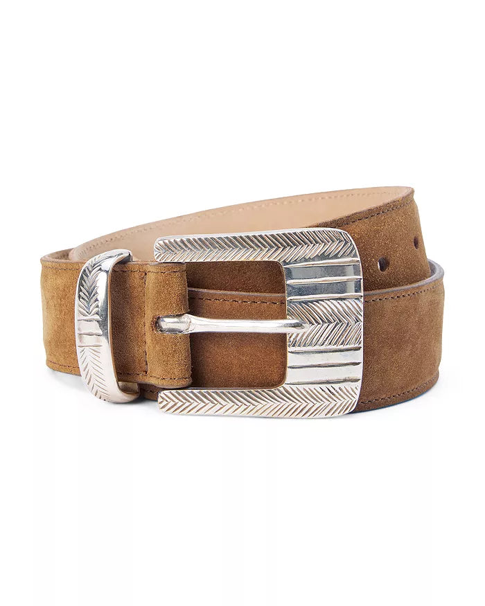 Engraved buckle western  belt with a silver buckle on a white background