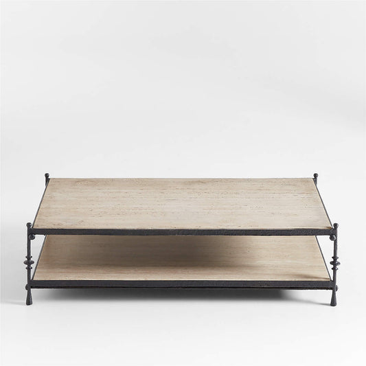Estate Travertine and Metal 64" Rectangular Coffee Table With Shelf by Jack Arnold