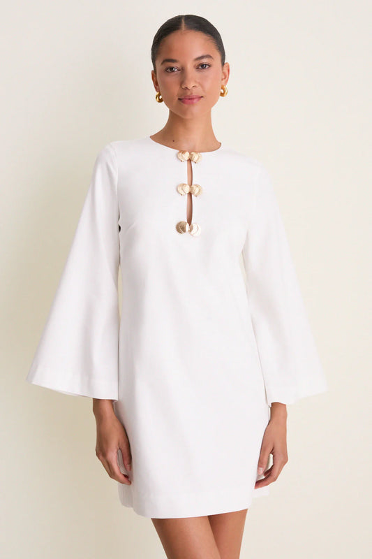 Ivory linen mini caftan — close-up of gold shell hardware detail and keyhole cut-out neckline-front view