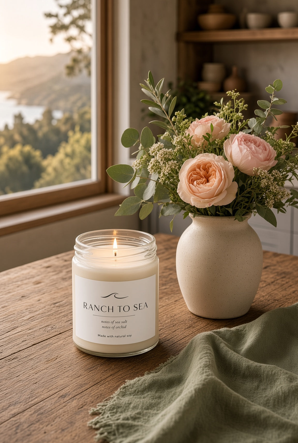 After The Fog Natural soy Candle sitting on a wooden table with a cream stone vas of pink flowers