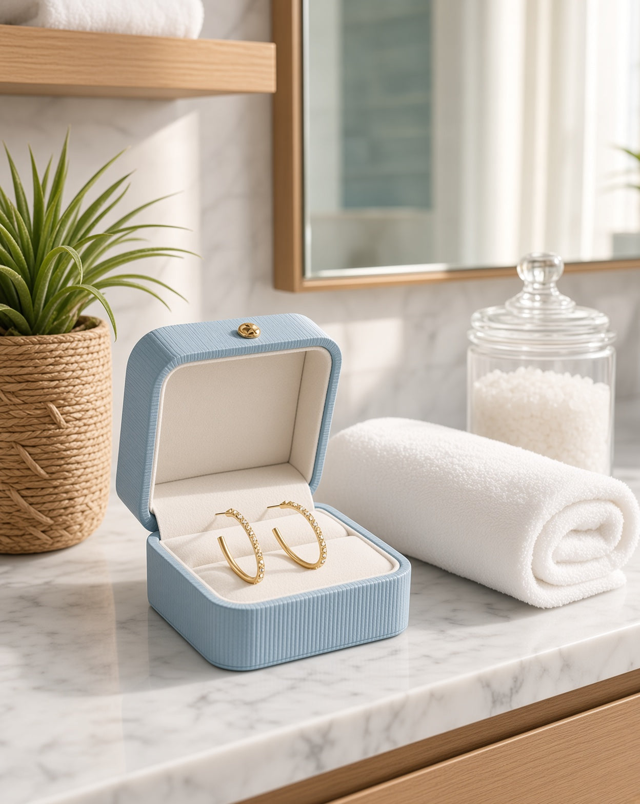 AI lifestyle view of 14K gold hoop earrings with crystal accents displayed in an open light blue jewelry box (not included) on a marble bathroom counter. Click shop to see exact details and size at merchant