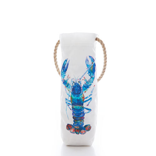 Lobster recycled wine tote- bottle holder with blue lobster design on a white background