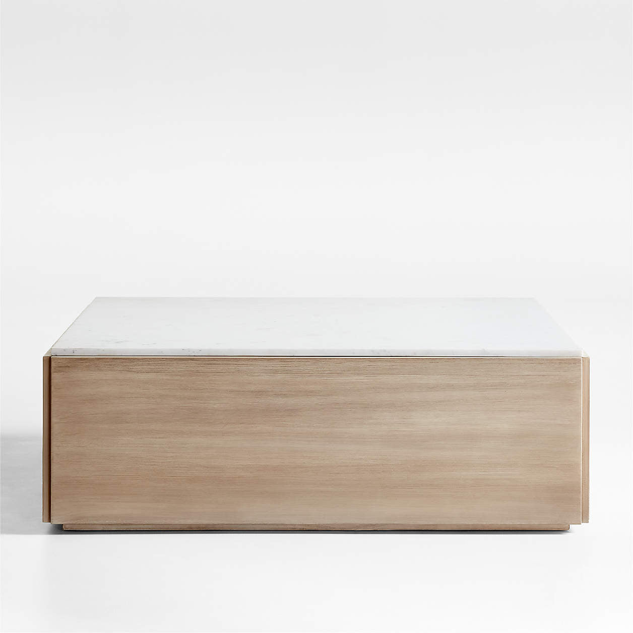 Marble sand Natural Wood Square Coffee Table side table with white top on a white background, side view