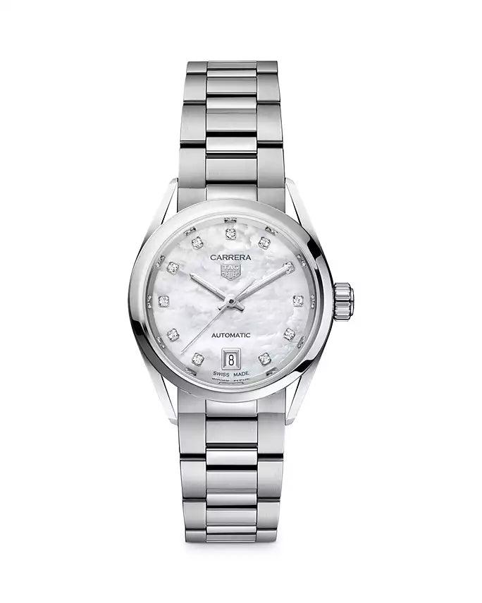 Mother of pearl watch with diamond markers and stainless steel bracelet on a white background
