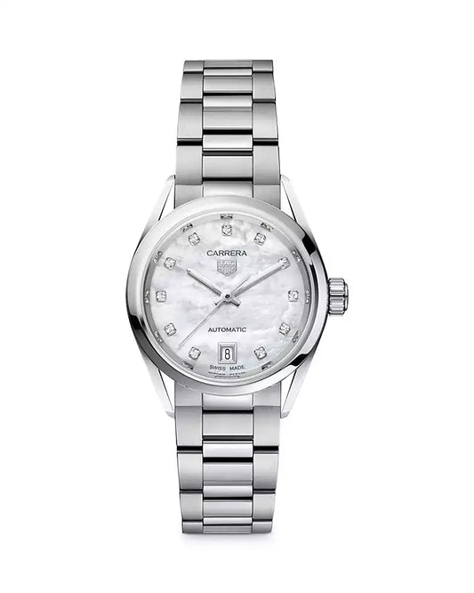 Mother of pearl watch with diamond markers and stainless steel bracelet on a white background