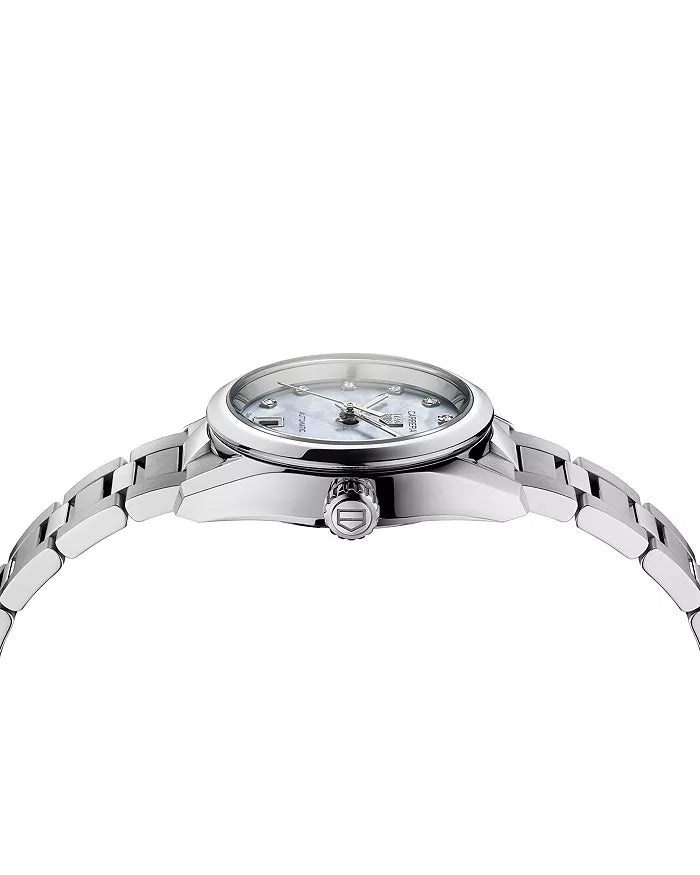 Mother of pearl watch with diamond markers and stainless steel bracelet on a white background-side view 