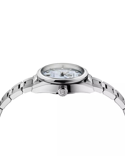 Mother of pearl watch with diamond markers and stainless steel bracelet on a white background-side view 