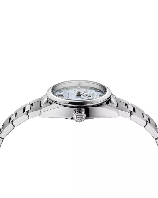 Mother of pearl watch with diamond markers and stainless steel bracelet on a white background-side view 