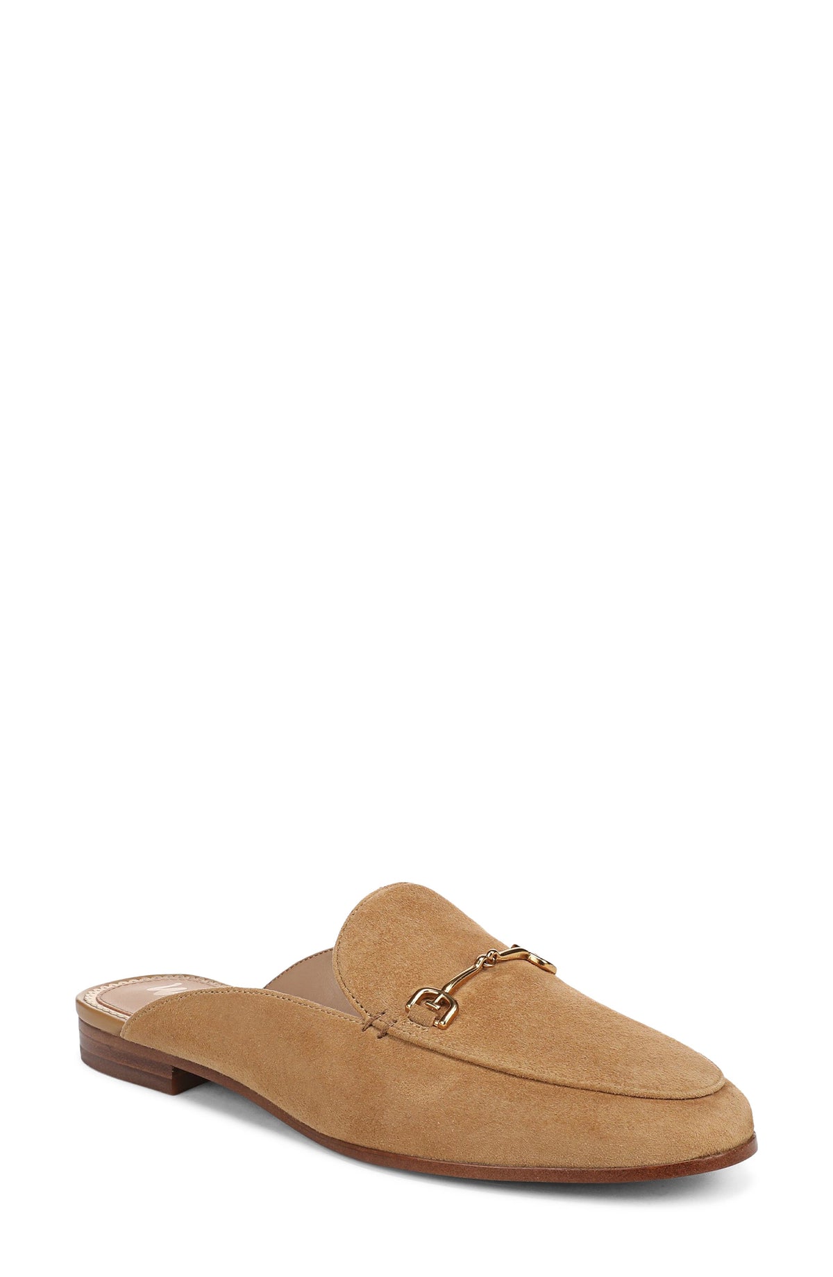 Warm tan slip-on mule with goldtone hardware and low heel, three-quarter view