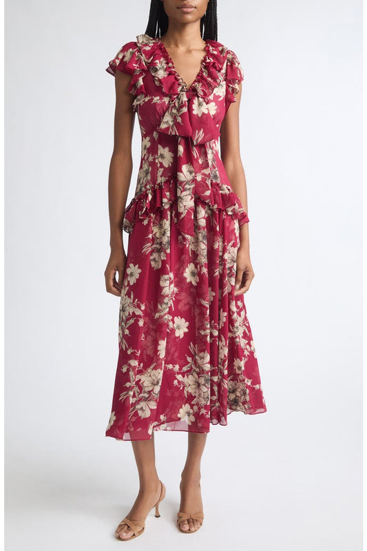 Berry floral midi dress with flutter sleeves