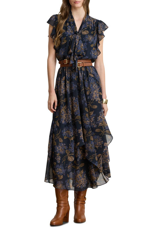 Navy floral mid-calf dress with necktie