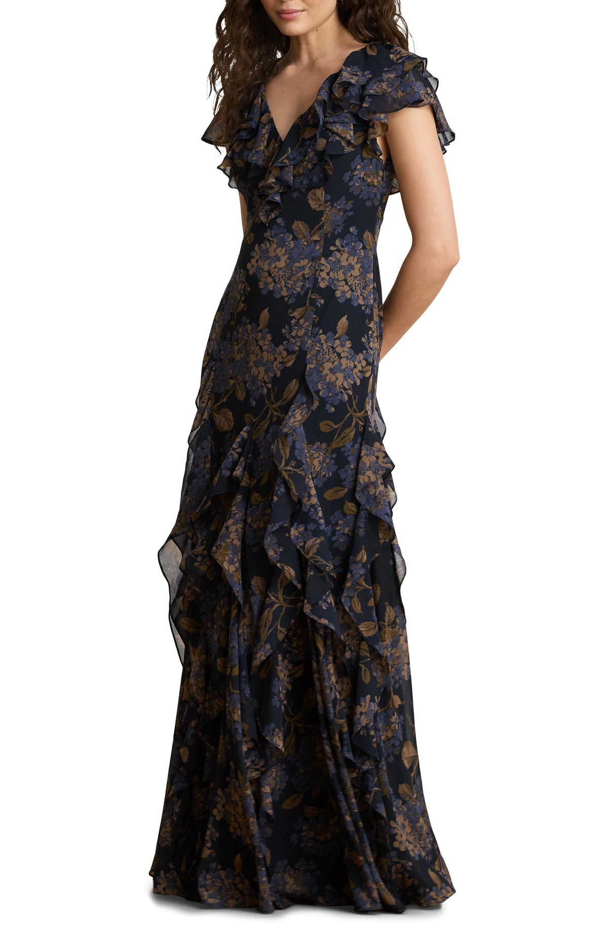 Navy floral maxi dress with V-neck, ruffled cap sleeves and cascading ruffles, front view on model