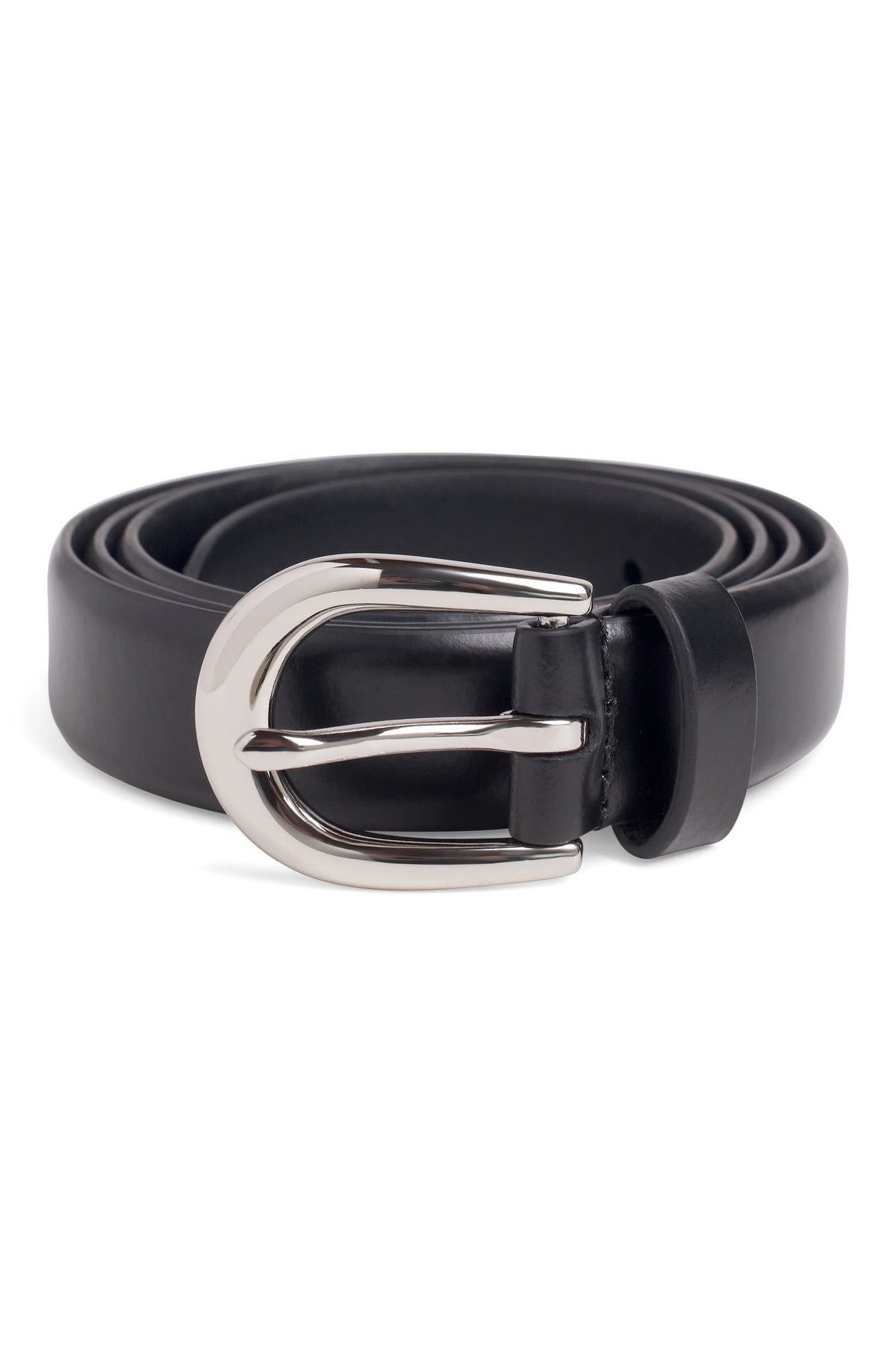 Black leather belt with silver buckle