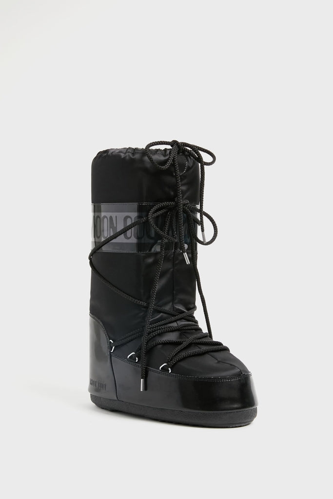 Black insulated winter boots with glossy finish and black laces, one boot shown in three-quarter view