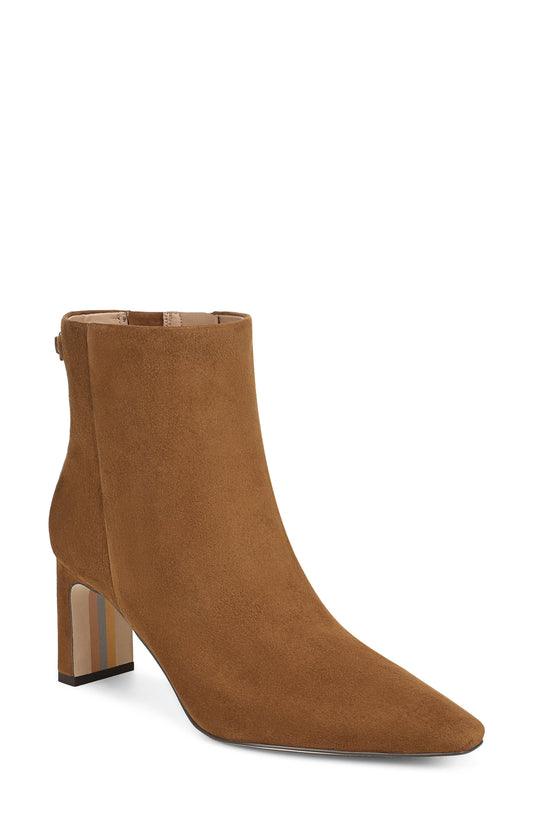 Warm brown ankle bootie with slender square toe and block heel, side view