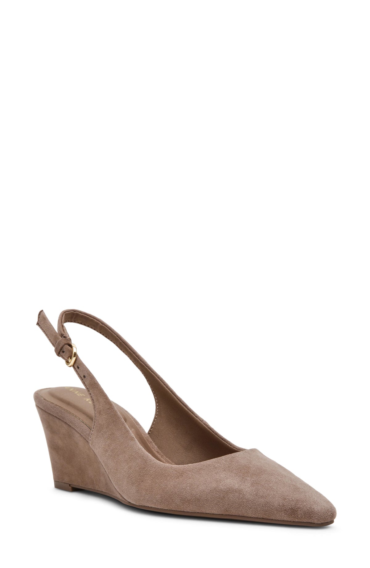 Taupe slingback wedge pump with pointed toe and gold-tone buckle, three-quarter view