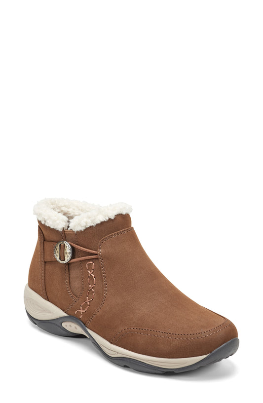Brown water-repellent lined bootie with cream shearling-look collar and side strap, three-quarter view