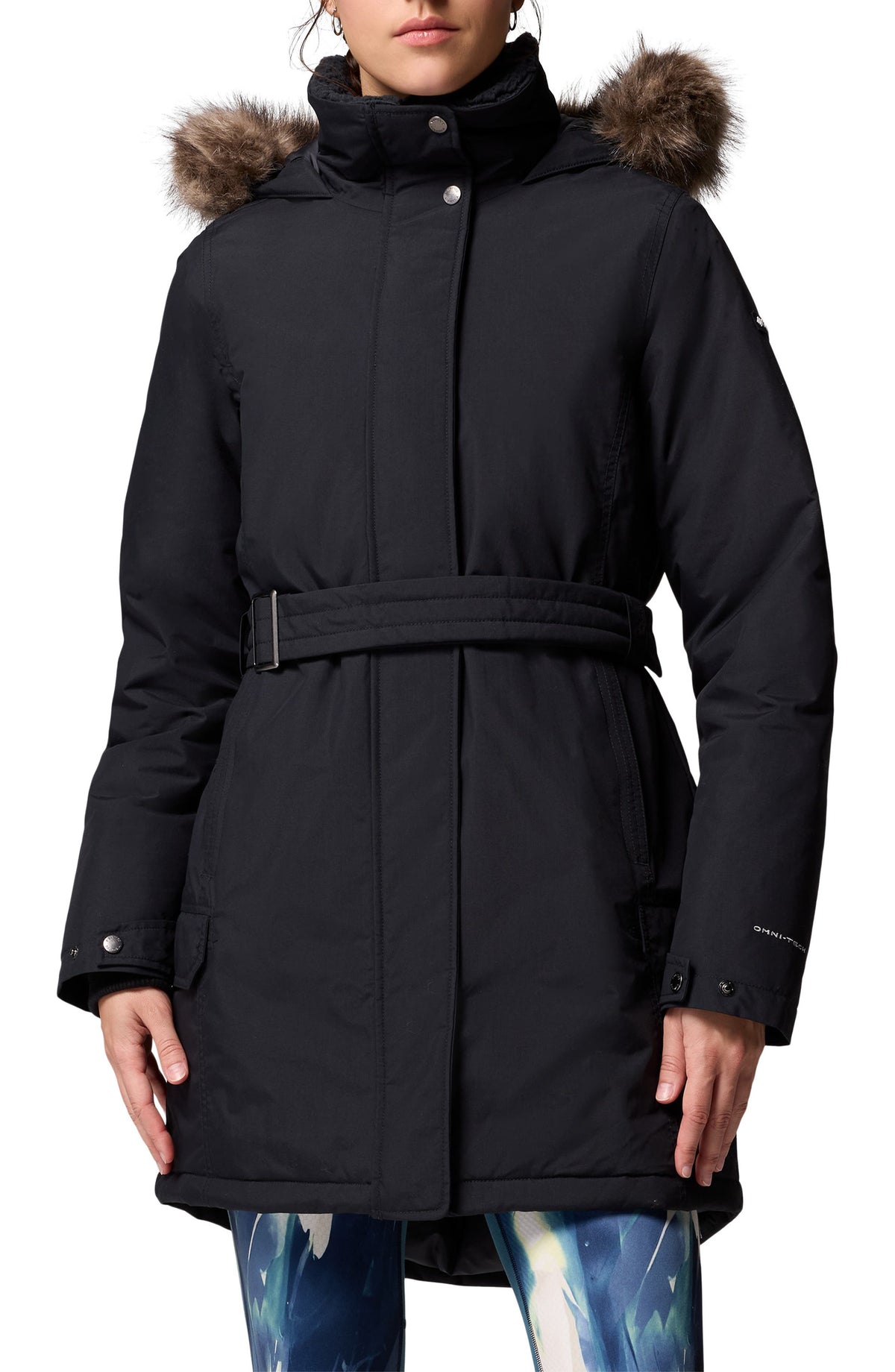 Black waterproof down parka with belt and hood with faux-fur trim, front view on model