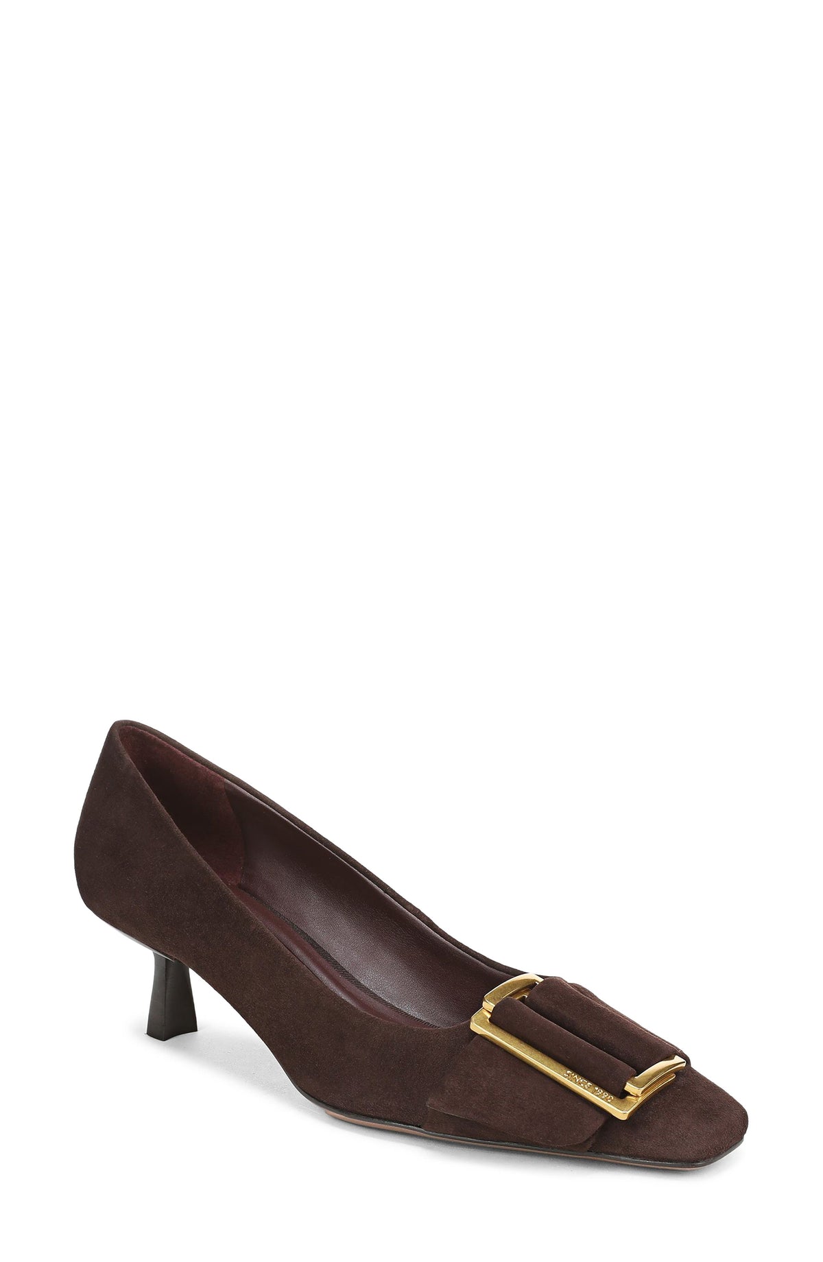 Dark brown kitten heel pump with oversize gold-tone buckle strap, three-quarter view