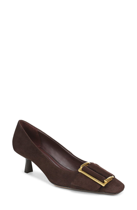 Dark brown kitten heel pump with oversize gold-tone buckle strap, three-quarter view