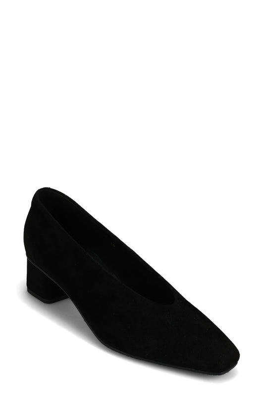 Black square toe pump with high topline and low heel, three-quarter view