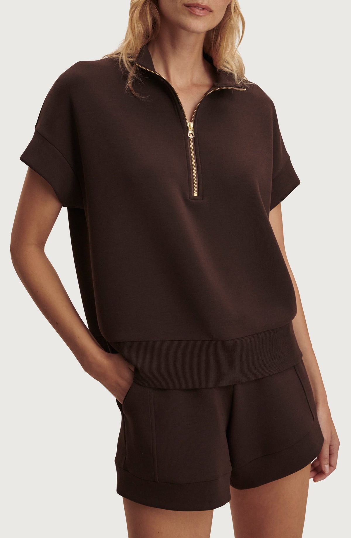Dark brown short-sleeve half-zip top with mock neck, front view on model