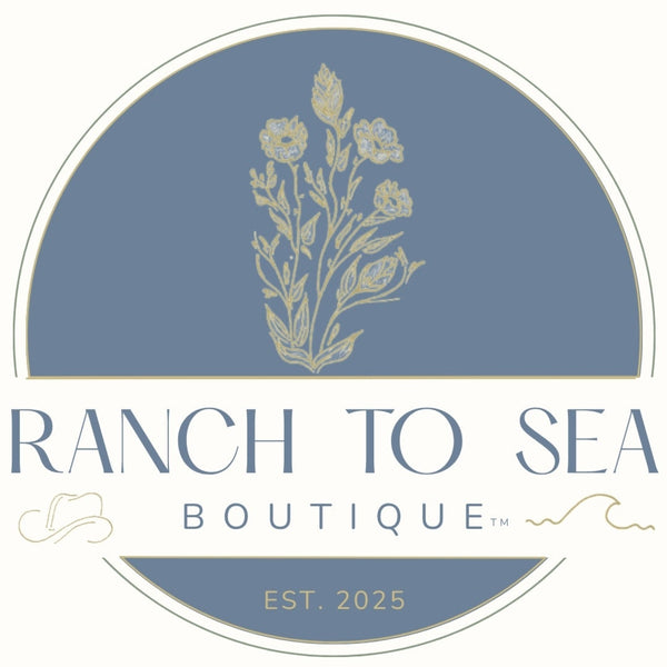 Logo for Ranch to Sea Boutique with floral design and text on a white background