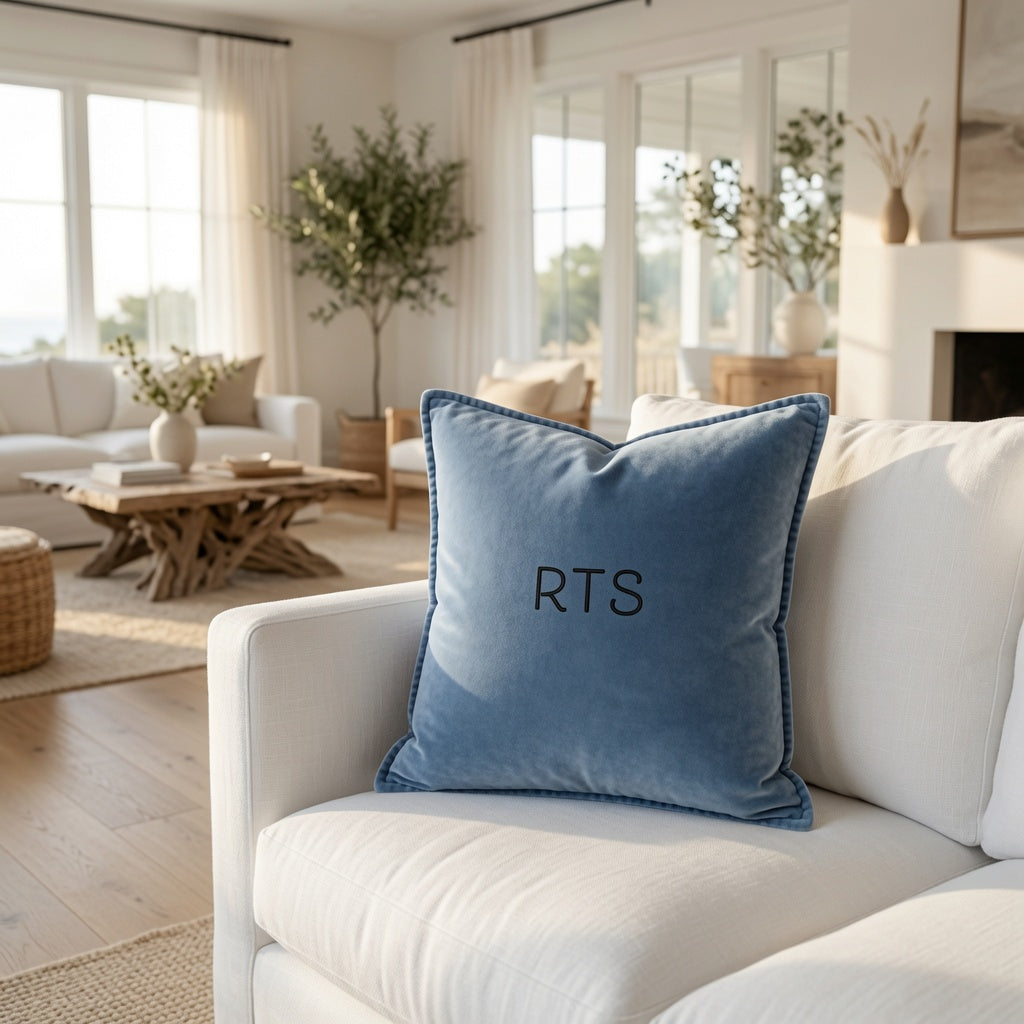 organic cotton velvet pillow  cover— washed velvet throw pillow cover, shown in AI lifestyle concept with coastal ranch styling (props not included) — results may vary, design image created using AI by RTS, see website for product details