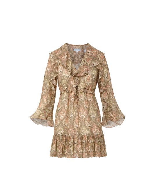 Romantic silk mini dress — airy silk georgette, feminine ruffles, front view