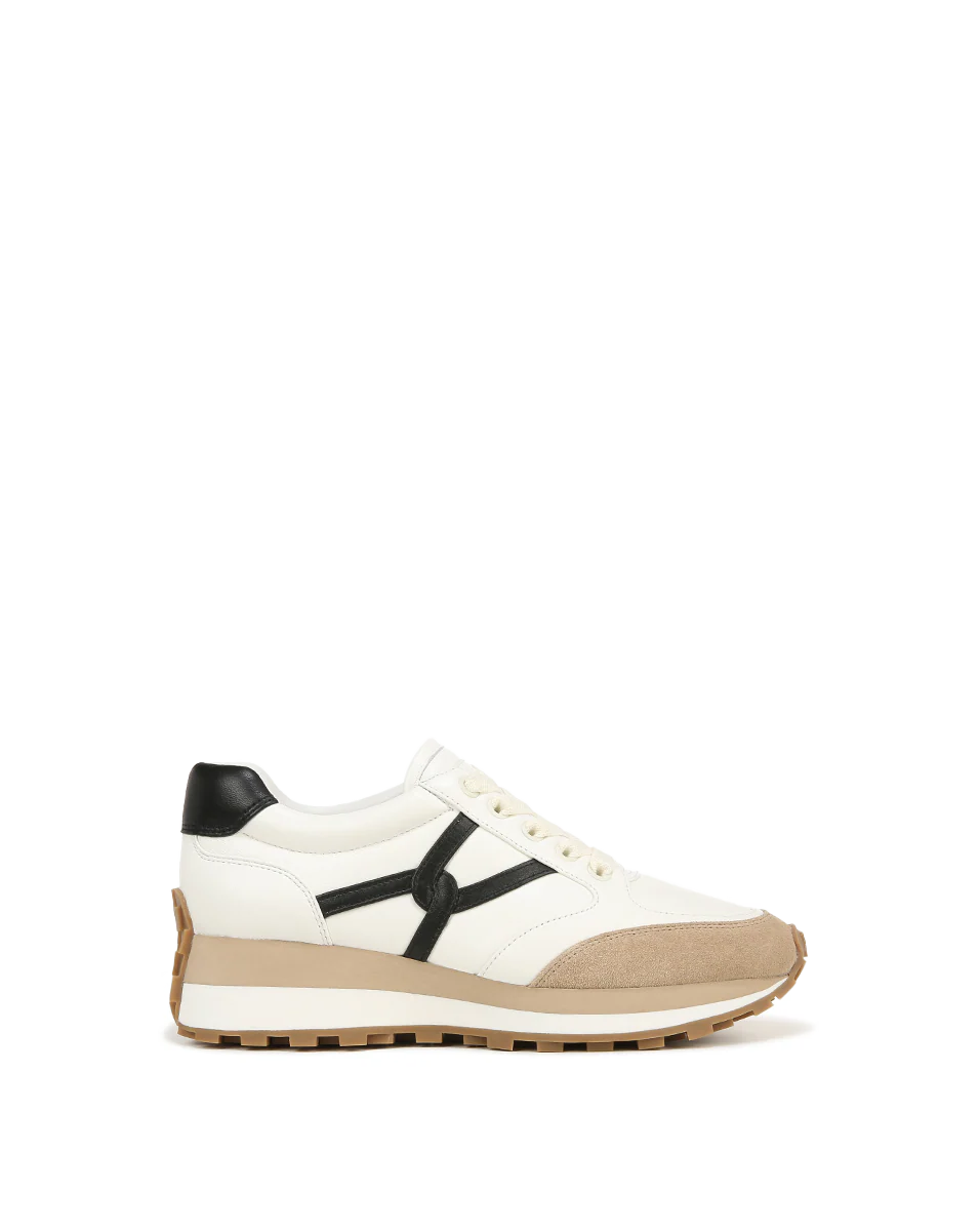 Side view of black white leather sneakers showing padded collar and midsole