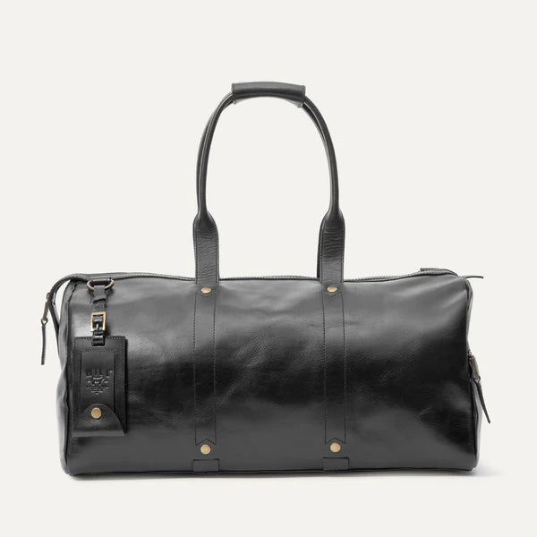 Smooth leather duffle bag available in Cognac, Black, or Whiskey, shown in black