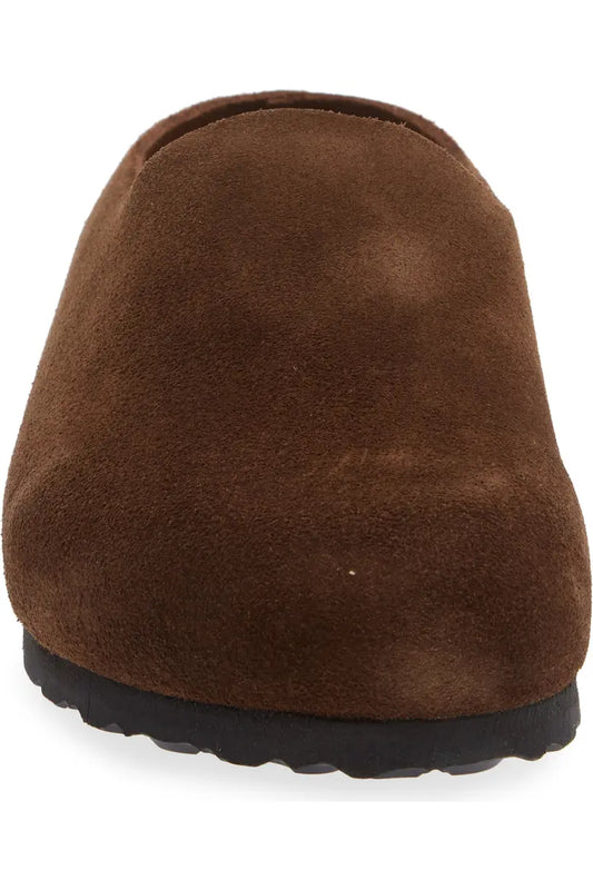 Suede wrapped leather mule front toe view